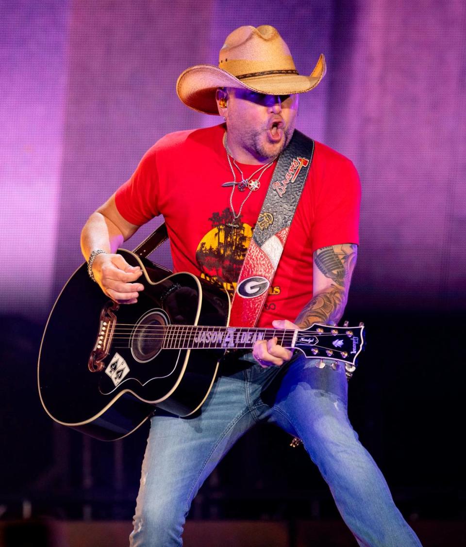 Jason Aldean belts out a song at Raleigh, N.C.’s Coastal Credit Union Music Park at Walnut Creek, Friday night, Aug. 11, 2023.