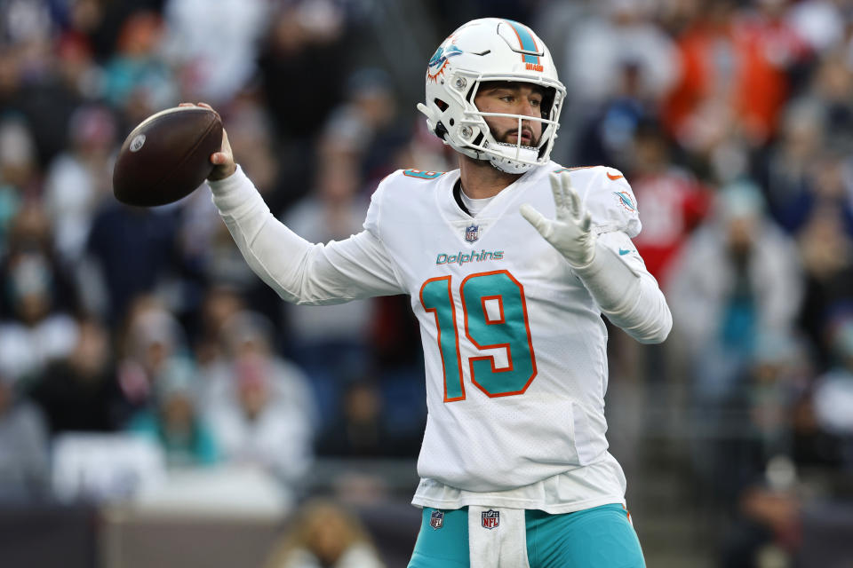 Miami Dolphins quarterback Skylar Thompson (19) throws a pass against the New England Patriots during the second half of an NFL football game, Sunday, Jan. 1, 2023, in Foxborough, Mass. Thompson replaced quarterback Teddy Bridgewater after an apparent injury. (AP Photo/Michael Dwyer)