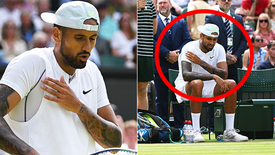 Nick Kyrgios (pictured) was struggling with a shoulder injury during his fourth round match at Wimbledon.