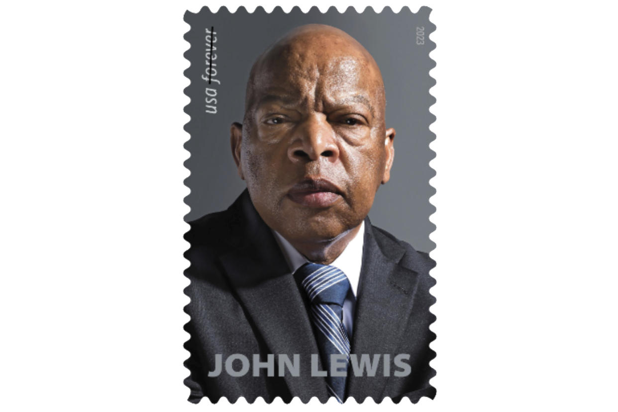 This image provided by the U.S. Postal Service on Tuesday, Dec. 13, 2022, shows a new postage stamp honoring the late congressman and civil rights giant John Lewis. (U.S. Postal Service via AP)