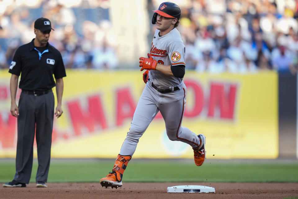 Baltimore Orioles' Gunnar Henderson runs the bases after hitting a home run against the New York Yankees during the first inning of a baseball game Thursday, July 6, 2023, in New York. (AP Photo/Frank Franklin II)