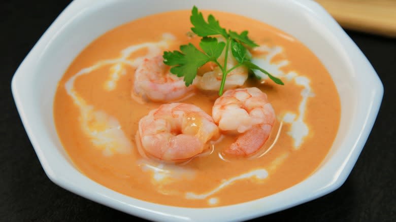 Closeup of a bowl of shrimp bisque