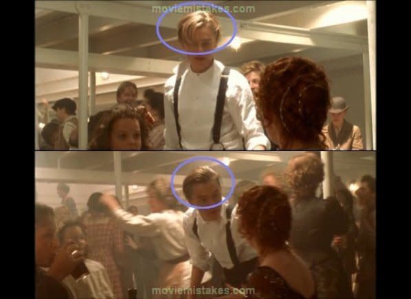 Which Leo hairstyle do you prefer? His just-got-out-of-bed messy look or the slick back? If you can't decide, don't feel bad: Apparently, James Cameron couldn't either when filming this steerage party scene.