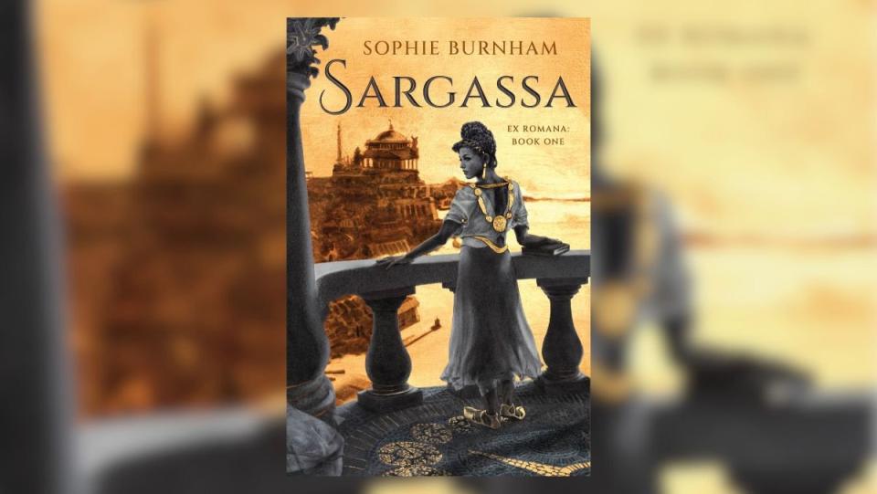 Sargassa cover, a woman standing in roman garb and colored in gold and black and white