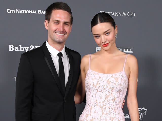 <p>Steve Granitz/WireImage</p> Evan Spiegel and Miranda Kerr at the 2021 Baby2Baby Gala in California.