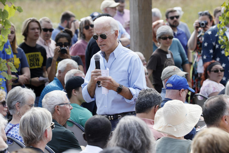 Democratic presidential candidate former Vice President Joe Biden speaks during a town hall meeting at the Indian Creek Nature Preserve, Friday, Sept. 20, 2019, in Cedar Rapids, Iowa. (AP Photo/Charlie Neibergall)