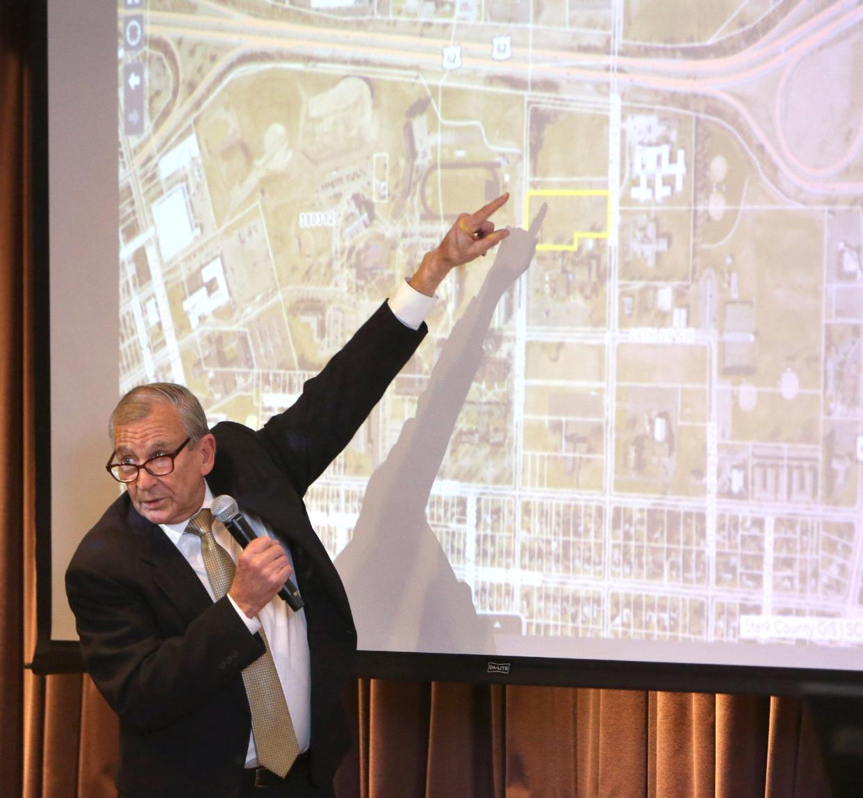 Canton Mayor Thomas Bernabei speaks during an informational meeting about the proposed Ivy Senior Lofts. A zone change for the development still has to be approved by the Planning Commission and City Council.