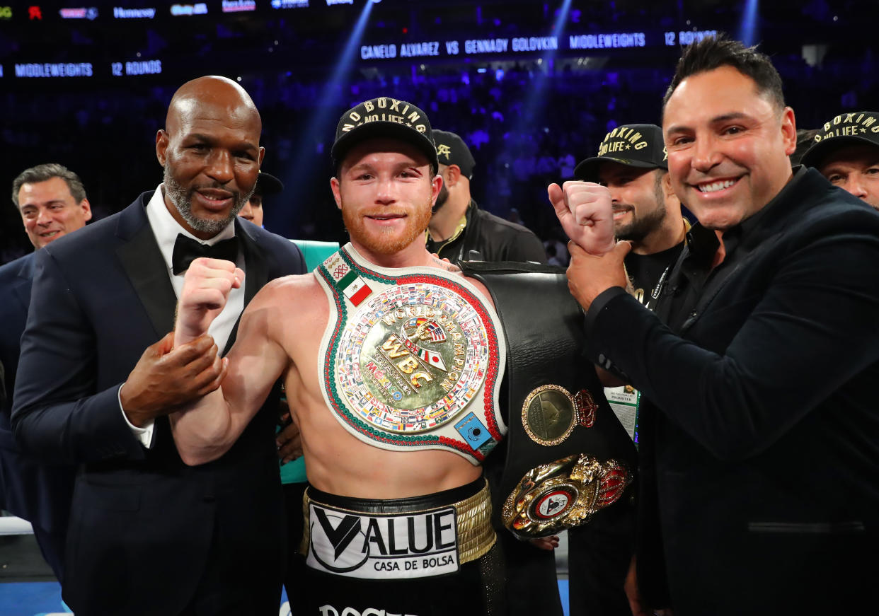 LAS VEGAS, NV - SEPTEMBER 15:   Canelo Alvarez reacts after his majority decision victory over Gennady Golovkin in their middleweight championship bout at T-Mobile Arena on September 15, 2018 in Las Vegas, Nevada.  (Photo by Tom Hogan/Golden Boy/Getty Images)