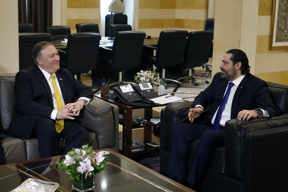 Lebanese Prime Minister Saad Hariri, right, meets with U.S. Secretary of State Mike Pompeo, in Beirut, Lebanon, Friday, March 22, 2019. Pompeo arrived in Lebanon Friday amid strong regional condemnation of U.S. President Donald Trump's declaration about U.S. recognition of Israel's sovereignty over the Israeli-occupied Golan Heights. (AP Photo/Bilal Hussein)