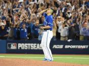 Oct 14, 2015; Toronto, Ontario, CAN; Toronto Blue Jays relief pitcher Roberto Osuna reacts after defeating the Texas Rangers in game five of the ALDS at Rogers Centre. Mandatory Credit: Dan Hamilton-USA TODAY Sports