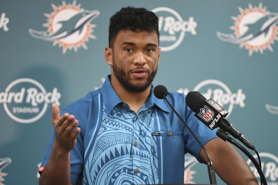 Miami Dolphins quarterback Tua Tagovailoa gestures after an NFL football game against the Houston Texans, Sunday, Nov. 27, 2022, in Miami Gardens, Fla. The Dolphins defeated the Texans 30-15. (AP Photo/Michael Laughlin)