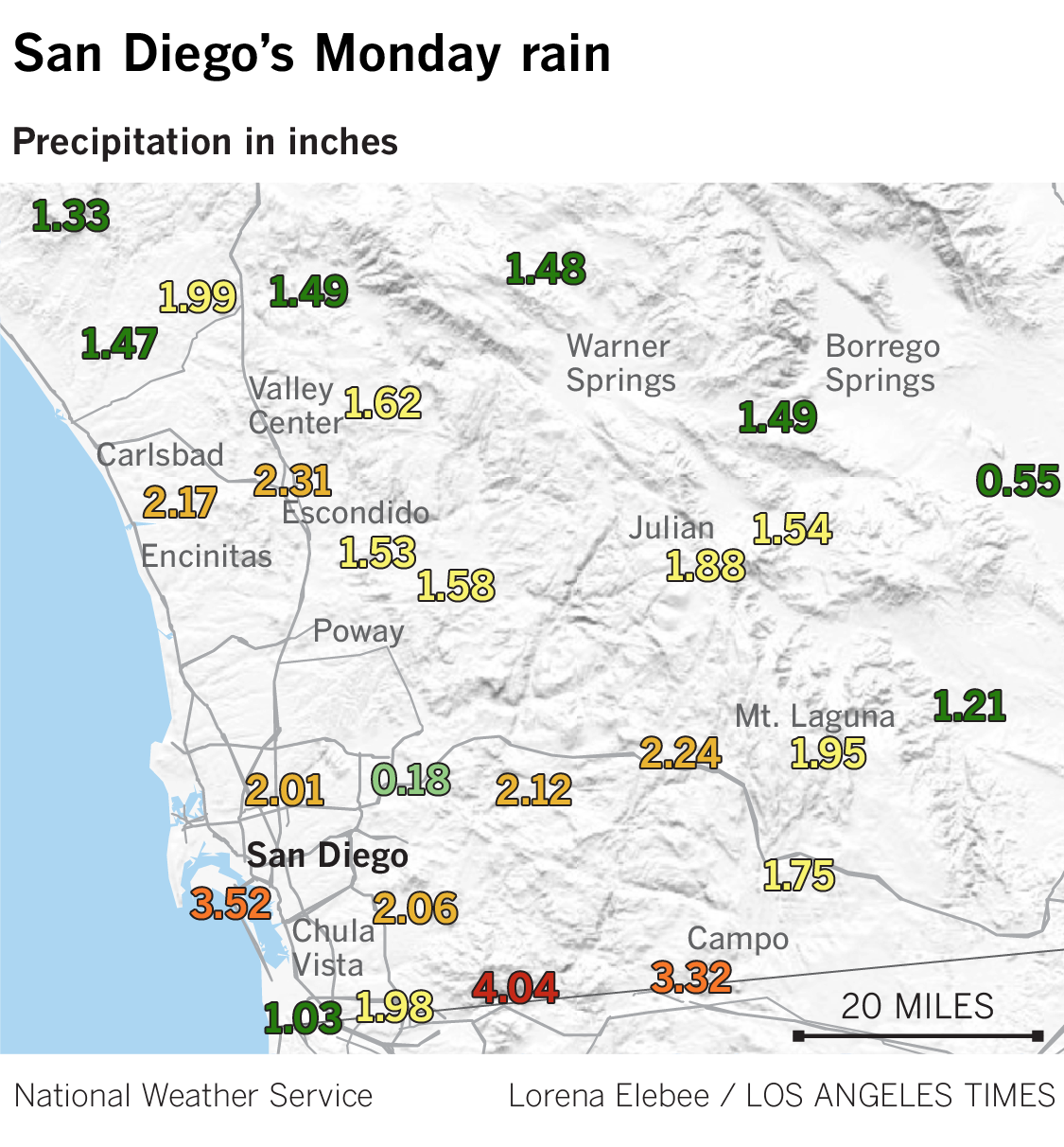 Map shows where rainfall over San Diego County from Monday.