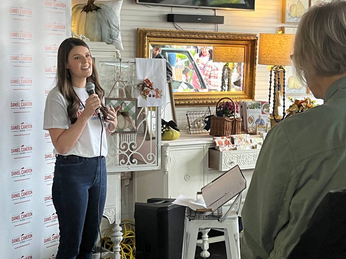 At a “Moms for Cameron” event in Mt. Washington, Makenze Cameron shares the vision her husband, Kentucky Attorney General Daniel Cameron, has for the commonwealth.