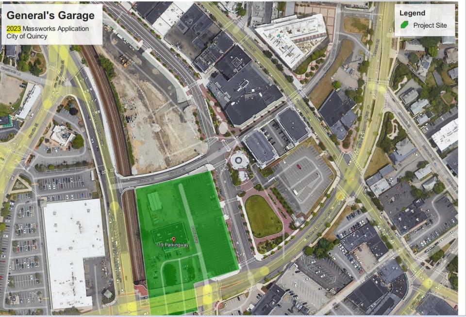 A satellite image showing the area of the proposed parking garage in Quincy Center.