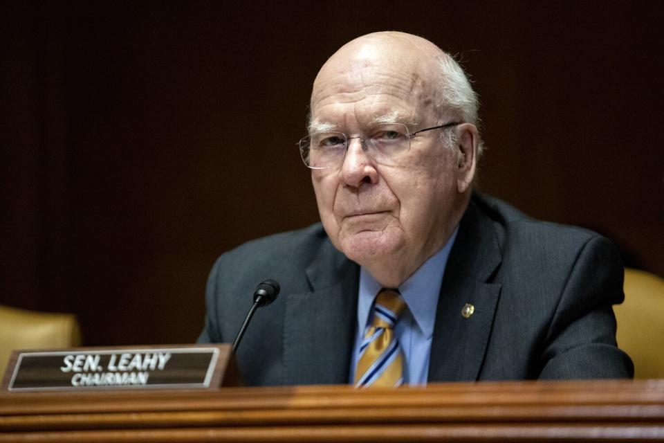 Sen. Patrick Leahy, D-Vt., listens as Chairman of the Joint Chiefs of Staff Gen. Mark Milley and Secretary of Defense Lloyd Austin testify before the Senate Appropriations Committee Subcommittee