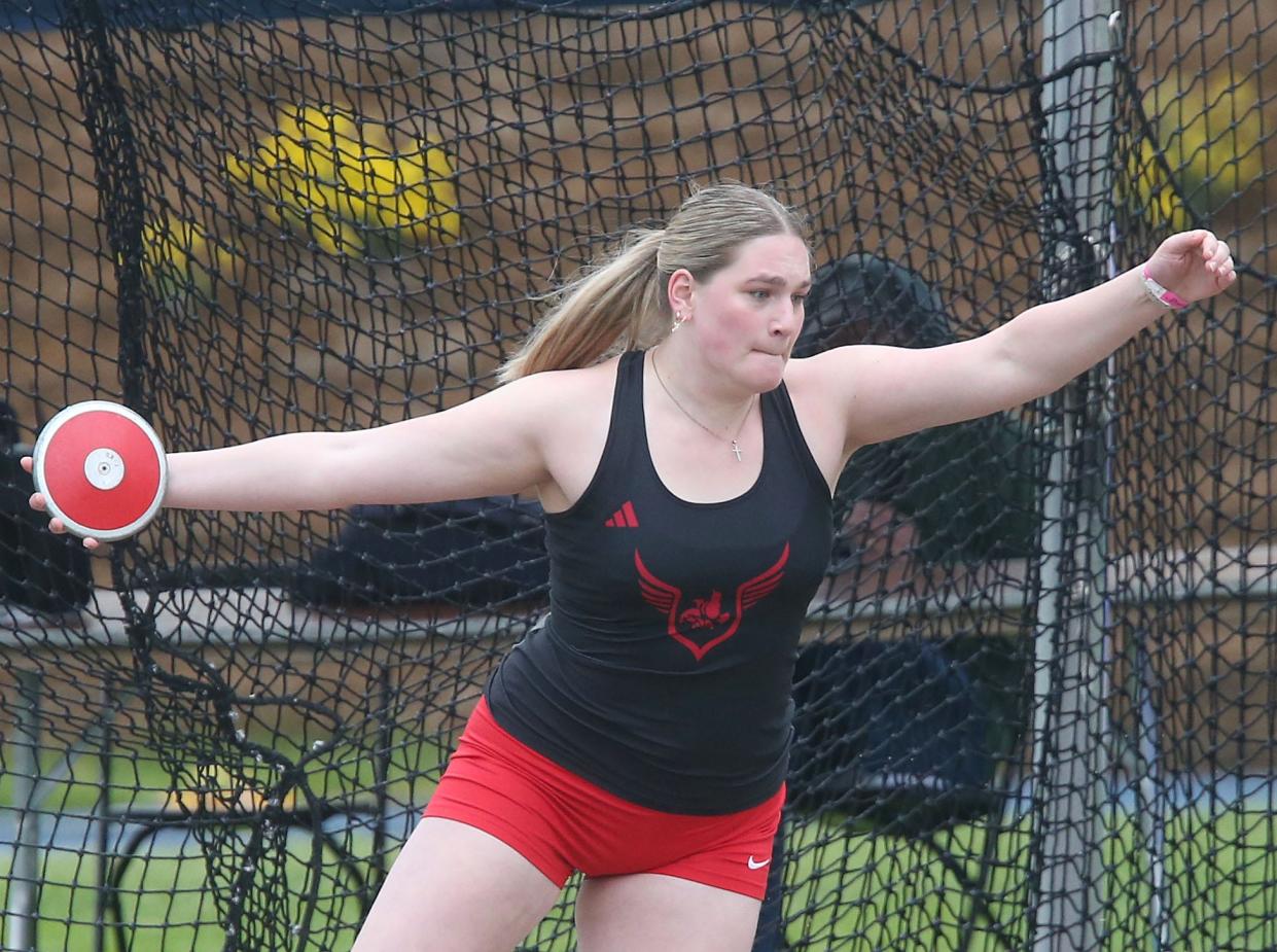 Iowa City High’s Rachel Haack throws the discus during the high school discus throw at the Drake Relays on Friday in Des Moines. She finished in fifth place in the event.