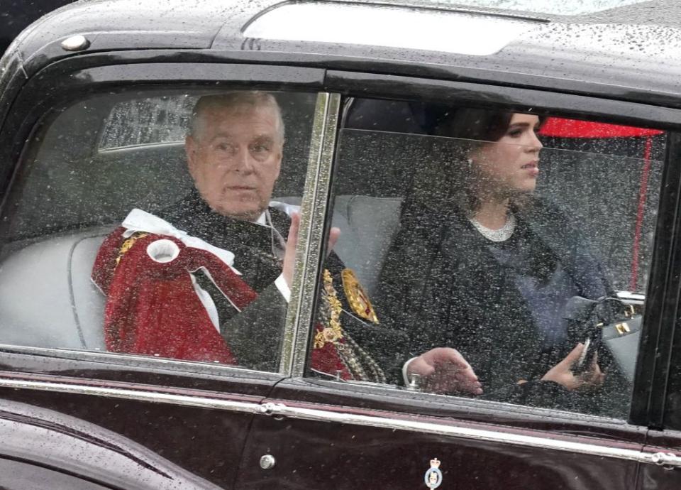 the duke of york and princess eugenie travel along the mall ahead of the coronation ceremony of king charles iii and queen camilla in central london picture date saturday may 6, 2023 photo by niall carsonpa images via getty images