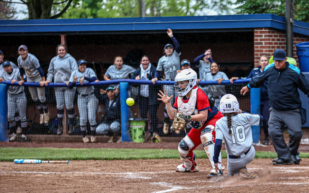 Erin Field (10) slides safely into home with the winning run as she just beats the throw. The MAC Freedom softball championships were held at Lebanon Valley College, and the host Dutchmen played DeSales University on Saturday, May 4, 2024. LVC defeated DeSales, 1-0, and received an automatic bid to the NCAA tournament.
