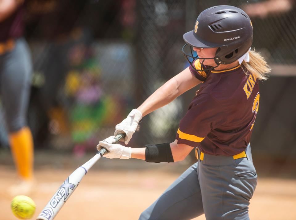 Spring Garden’s Kayley Kirk (3) hits the ball during the AHSAA softball state championship series at Choccolocco Park  in Oxford, Ala., on Friday, May 20, 2022.  