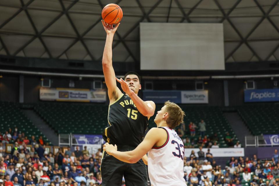 Purdue's Zach Edey shoots over Gonzaga's Ben Gregg during the second half at the Maui Invitational at SimpliFi Arena on Nov. 20, 2023 in Honolulu, Hawaii.