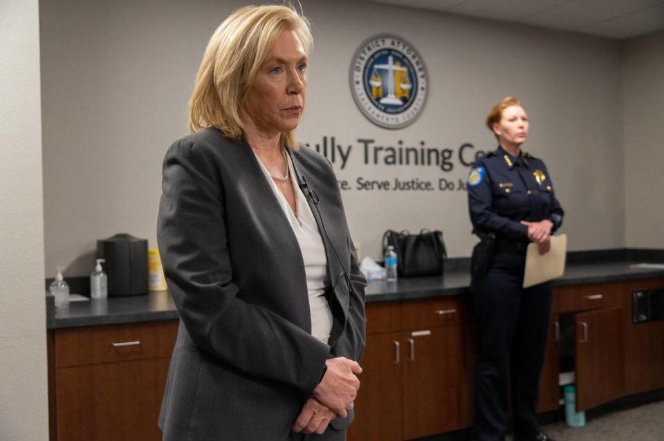 Then-Sacramento County District Attorney Anne Marie Schubert, left, and Sacramento Police Department Chief Katherine Lester announce at the Sacramento County District Attorney’s Office on May 3 that murder charges have been filed against Smiley Martin, Dandrae Martin and Mtula Payton for the April 3 gang shooting in downtown Sacramento.