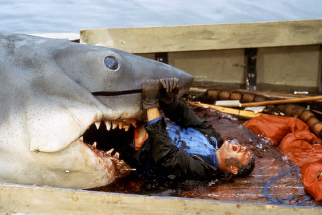 Robert Shaw struggles in a shark's mouth in  Jaws (1975)