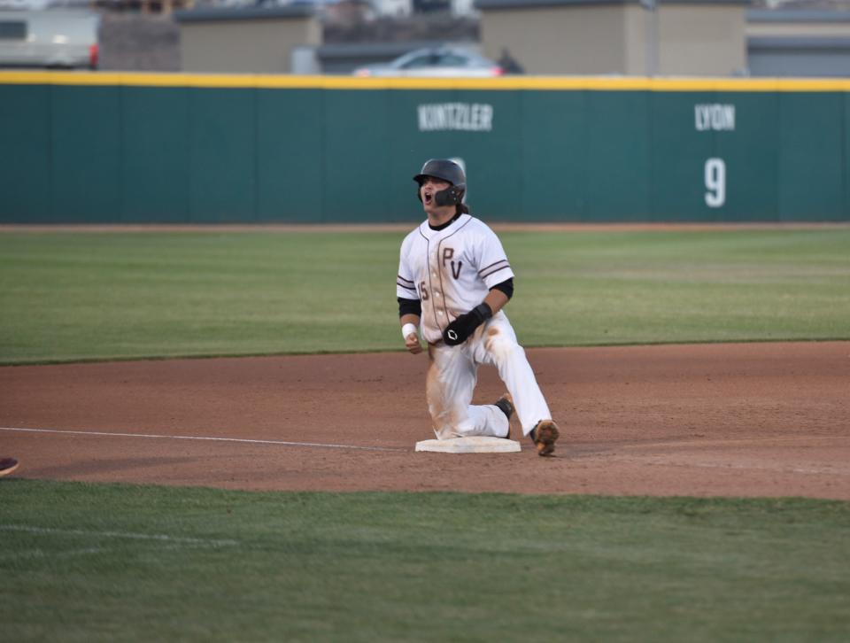 Ian Becker is fired up after heads up baserunning allowed him to take an extra base after stealing second against Desert Hills.