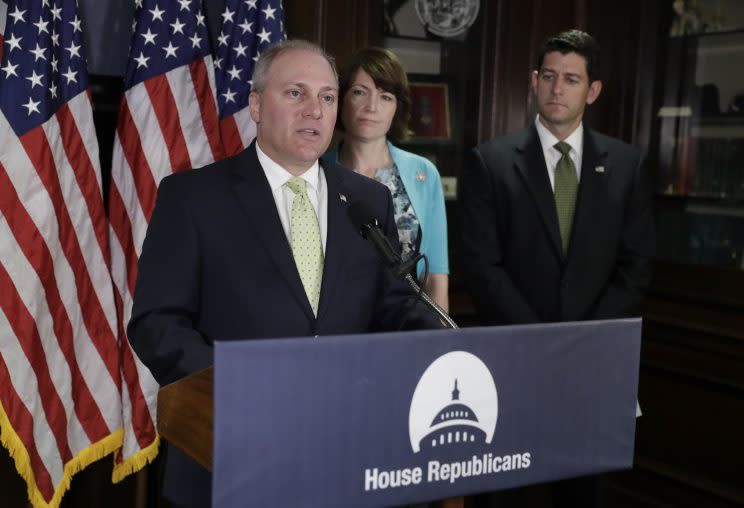 House Majority Whip Steve Scalise, R-La., joined by House Speaker Paul Ryan, R-Wis., and Rep. Cathy McMorris Rodgers, R-Wash., speaks at a news conference at Republican National Committee headquarters on Tuesday. (AP Photo/J. Scott Applewhite)