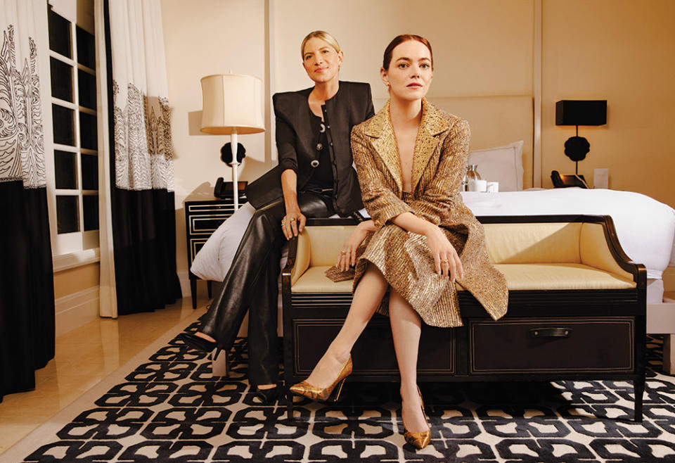 Emma Stone and Petra Flannery were photographed March 7 at Hotel Bel Air