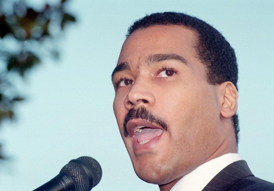 Dexter King, son of the the late Rev. Martin Luther King Jr., speaks at a news conference in Atlanta on Dec. 28, 1994. The King Center in Atlanta said the 62-year-old son of the civil rights leader died Monday at his California home after battling prostate cancer.