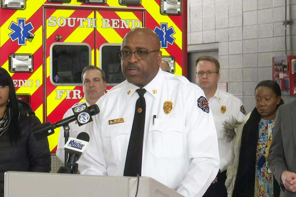 South Bend Fire Chief Carl Buchanon briefs media about the house fire which killed five children in South Bend, Ind., on Sunday. (WTHR)