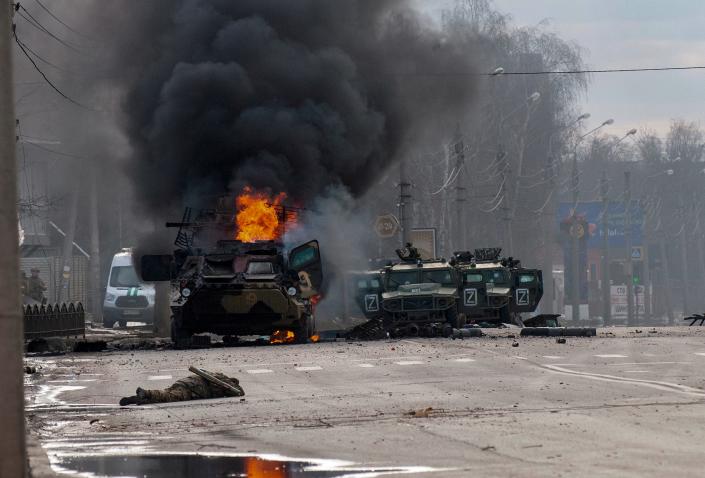 Russian military vehicle burns in Ukraine