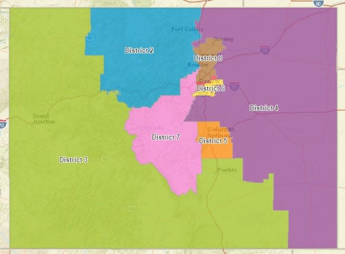 This map shows the boundaries of Colorado's eight congressional districts after the 2021 redistricting process.