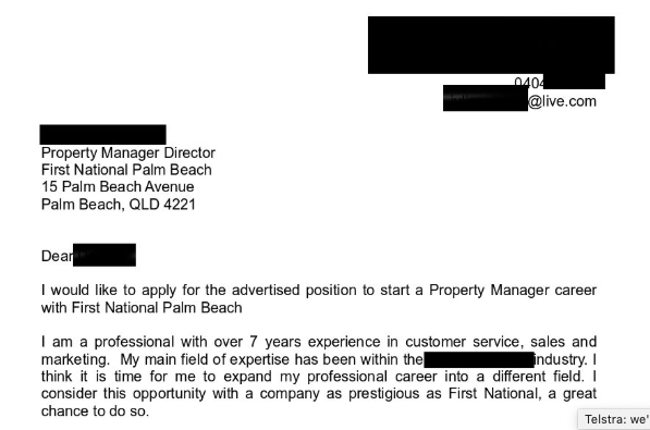 Screenshot of cover letter applying for a job at First National.