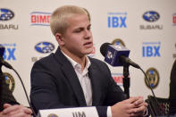 Philadelphia Union new player Cavan Sullivan, 14, speaks during an MLS soccer news conference at Subaru Park in Chester, Pa., Thursday, May 9, 2024. (Jonathan Tannenwald/The Philadelphia Inquirer via AP