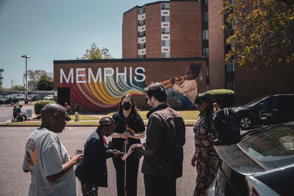April 24, 2023: MEMPHIS, TN - Union members and organizer Alex Uhlmann (second from right) gathered outside Memphis Towers in April before heading downtown to visit the HUD office.