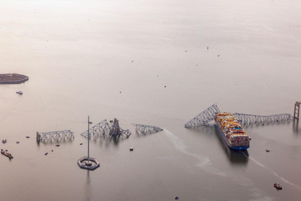 An aerial view of the cargo ship that hit the Francis Scott Key Bridge in Baltimore
