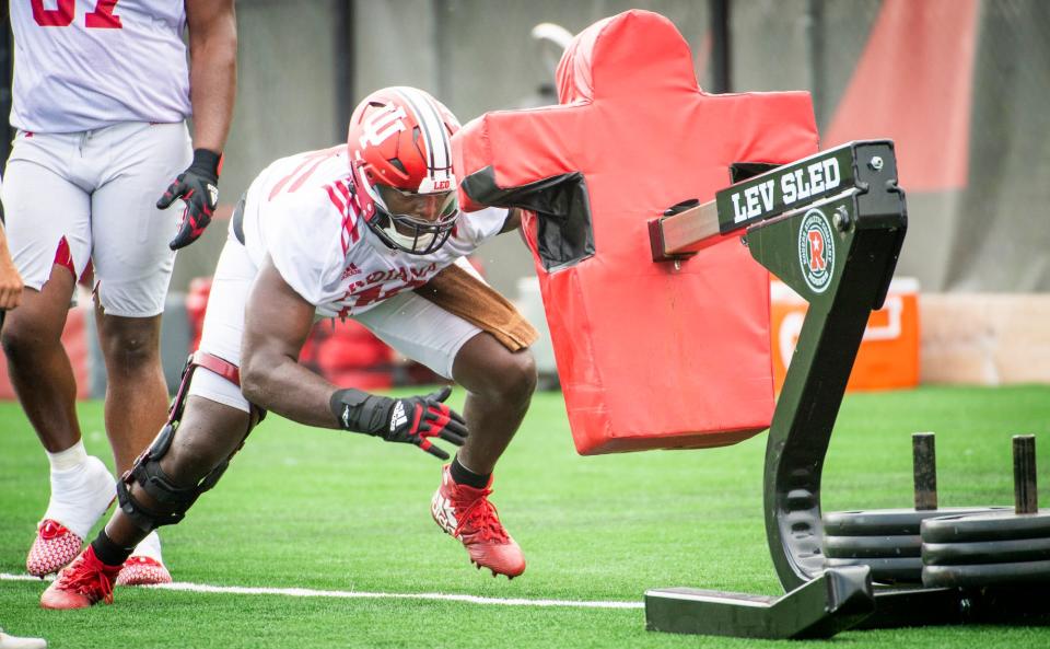 Indiana's Matthew Bedford (76) does a drill during the first day of fall camp for Indiana football at their practice facilities on Wednesday, Aug. 2, 2023.