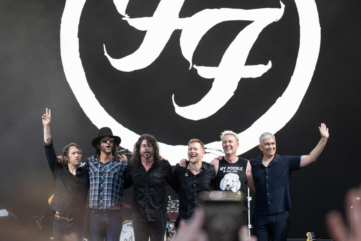 Chris Shiflett, Rami Jaffee, Dave Grohl, Nate Mendel, Josh Freese and Pat Smear from the Foo Fighters perform on The Pyramid Stage at Day 3 of Glastonbury Festival 2023 on June 23, 2023 in Glastonbury, England. (Photo by Harry Durrant/Getty Images)