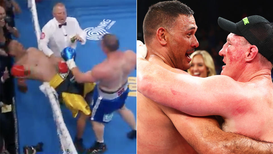 Paul Gallen is seen nearly pushing Justin Hodges out of the ring on the left, while the pair embrace after their fight on the right.