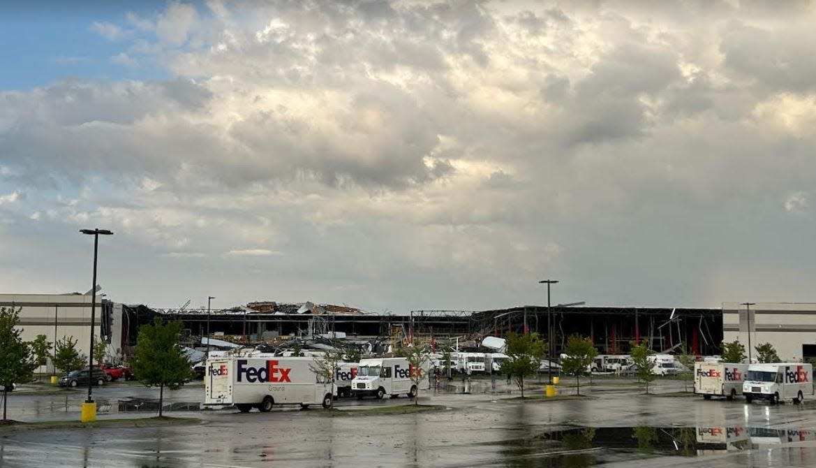 A FedEx facility in Portage was heavily damaged by a tornado Tuesday, May 7, 2024.