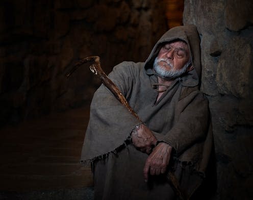 <span class="caption">It appears that tending to the friary gardens was not without its risks.</span> <span class="attribution"><a class="link " href="https://www.shutterstock.com/image-photo/old-poor-medieval-beggar-sleeps-alley-1975685312" rel="nofollow noopener" target="_blank" data-ylk="slk:Thomas Mucha/Shutterstock;elm:context_link;itc:0;sec:content-canvas">Thomas Mucha/Shutterstock</a></span>