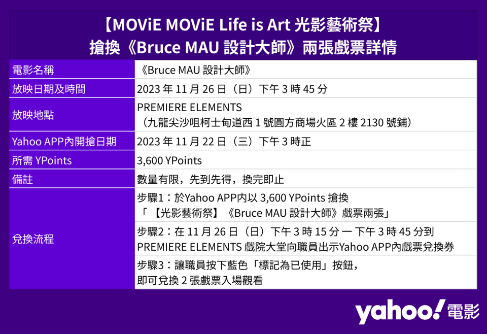 【MOViE MOViE Life is Art 光影藝術祭】搶換《Bruce MAU 設計大師》兩張戲票詳情