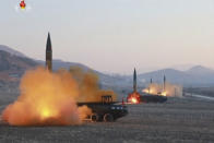 <p>In this image made from video released by KRT on Tuesday, March 7, 2017, North Korea launches four missiles in an undisclosed location North Korea. On Monday, North Korea fired four ballistic missiles in an apparent protest against ongoing U.S.-South Korean military drills that it views as an invasion rehearsal. (KRT via AP Video) </p>