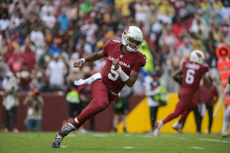 Sep 10, 2023; Landover, Maryland, USA; Arizona Cardinals quarterback Joshua Dobbs (9) rolls out during the second half against the Washington Commanders at FedExField. Mandatory Credit: Tommy Gilligan-USA TODAY Sports