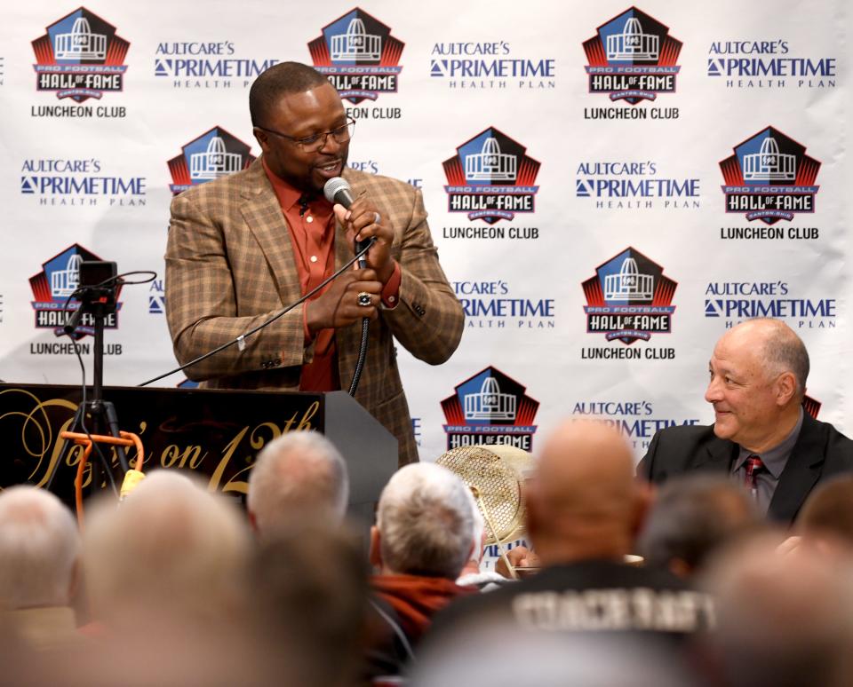 McKinley High School football standout Mike Doss, who went on to play in college and the NFL speaks to the Pro Football Hall of Fame Luncheon Club. Monday, Oct. 16, 2023.