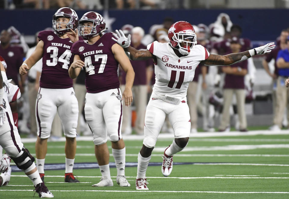 Arkansas defensive back Ryan Pulley (11) is suspended for Friday’s game against Missouri. (AP Photo/Jeffrey McWhorter)