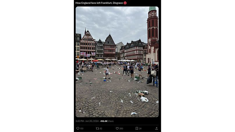 So sah der Römerberg in Frankfurt am Main nach einem Fußballspiel zwischen England und Dänemark aus.