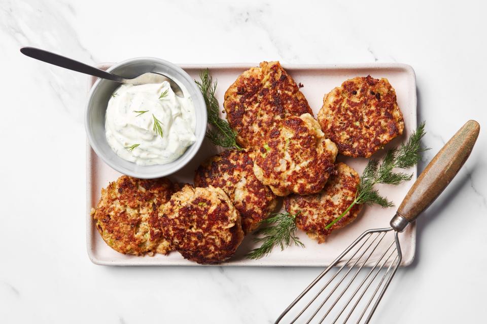 This budget-friendly, crispy croquettes can be served over a salad, plated with vegetables, or piled on a bun for a salmon alternative to beef or turkey burgers. <a href="https://www.epicurious.com/recipes/food/views/salmon-croquettes-dill-sauce?mbid=synd_yahoo_rss" rel="nofollow noopener" target="_blank" data-ylk="slk:See recipe." class="link rapid-noclick-resp">See recipe.</a>