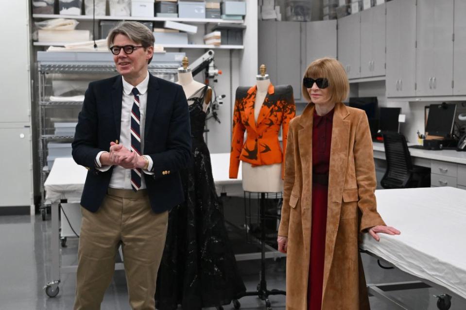 “Fashion is one of the most emotional artistic forms because of its connection to the body,” the Met’s curator in charge, Andrew Bolton, left, with Condé Nast and magazine honcho Anna Wintour, told Vogue. AFP via Getty Images